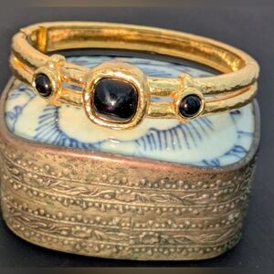 Vintage Monet Hammered Gold-Tone Bracelet w/ Black Cabochons